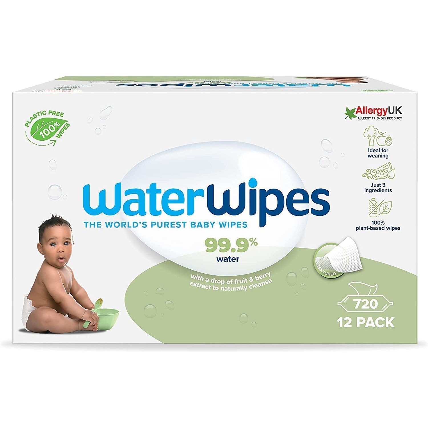 Plastic Free Textured Clean, Toddler & Baby Wipes, 720 Count (12 Packs), 99.9% Water Based Wet Wipes & Unscented for Sensitive Skin