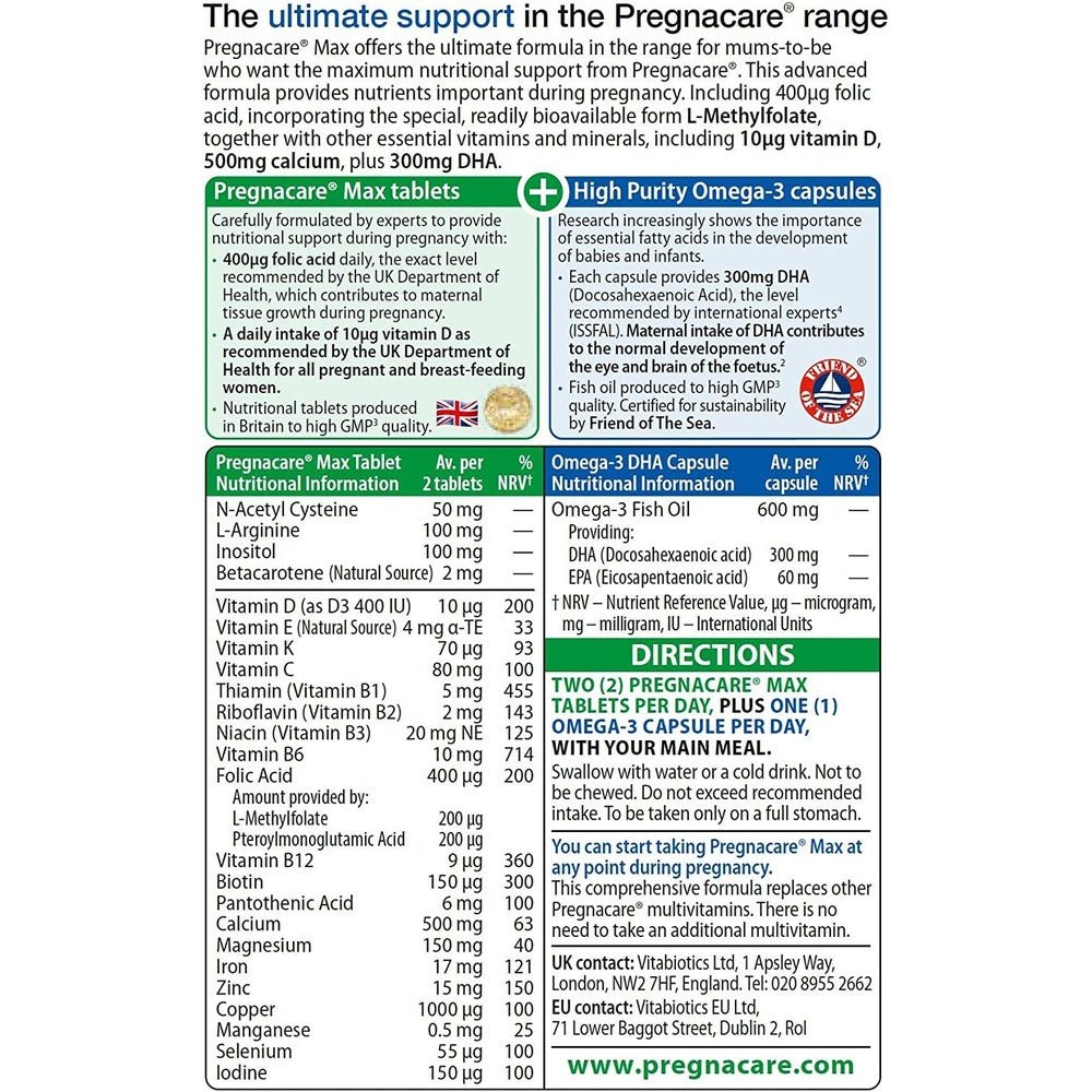 Vitabiotics Pregnacare Max - Pregnancy Vitamins Supplement for Women, For Normal Brain and Eye Development. Clear Store