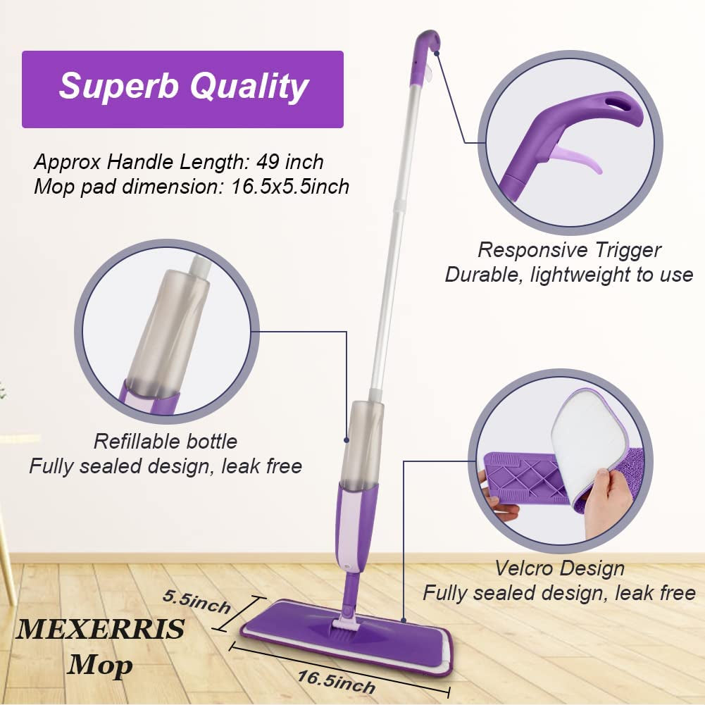 Microfibre Spray Mop for Floor Cleaning, Wet Dry Kitchen Floor Cleaning Mop with 2 Refillable Bottle 360°Rotatable Hardwood Mop for Laminate Wood Tiles 3 Reusable Pads and 1 Scrubber Clear Store