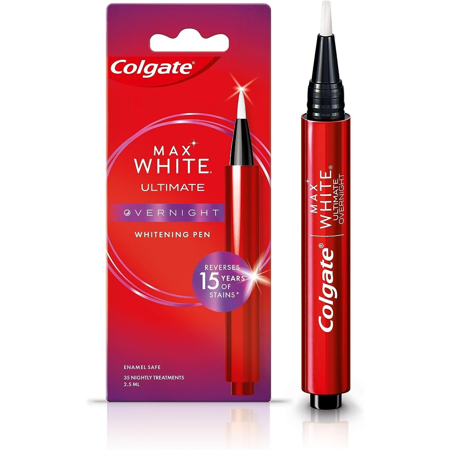 Colgate Max White Overnight Teeth Whitening Pen 2.5Ml | Teeth Whitening Gel Reverses 15 Years of Stains* | Enough for 35 Nightly Treatments | Enamel Safe | Easy to Use | Whiter Teeth While You Sleep