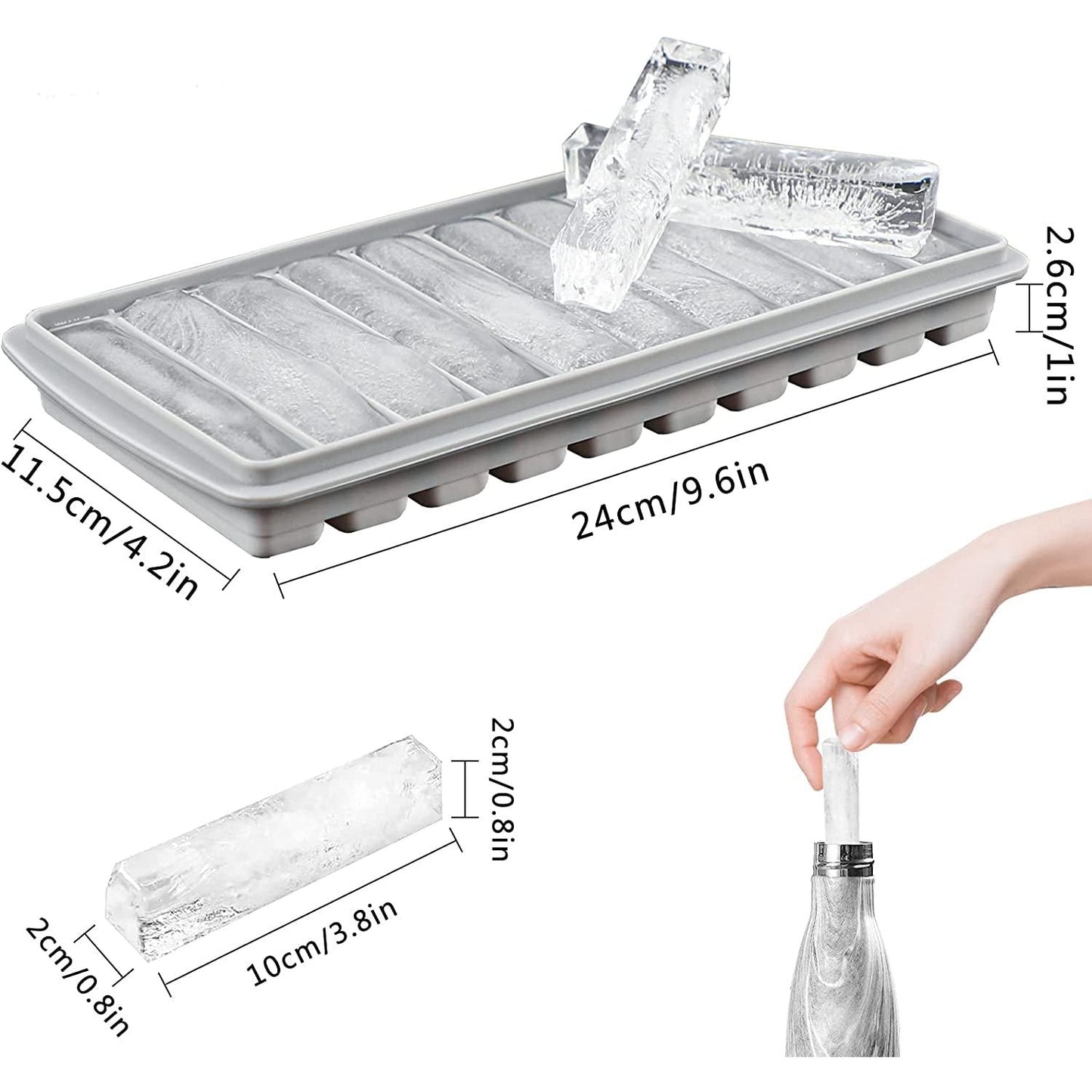 3 Pack Ice Cube Tray, Easy Release Reusable Ice Cube, Silicone, with No-Spill Removable Lid, 10 Cavities, BPA Free, Ideal for Sports and Water Bottles, Whiskey,Cocktail