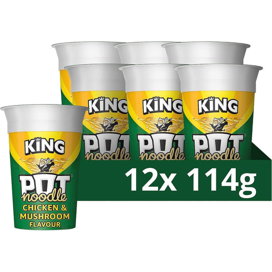 Pot Noodle Chicken & Mushroom Multipack King Pot Noodle Pack of 12 Instant Vegetarian Snack Quick-To-Make Noodles 114 G