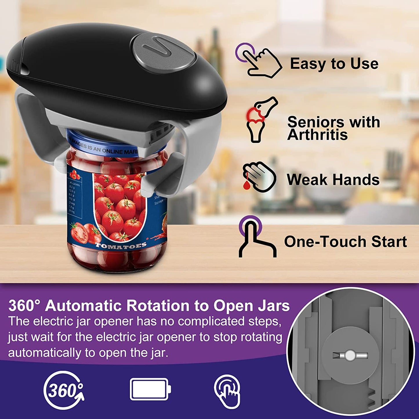 Electric Jar Opener, Jar Opener for Weak Hands & Arthritis Hands, Hands Free Jar Opener, Kitchen Gadget (Black) Clear Store