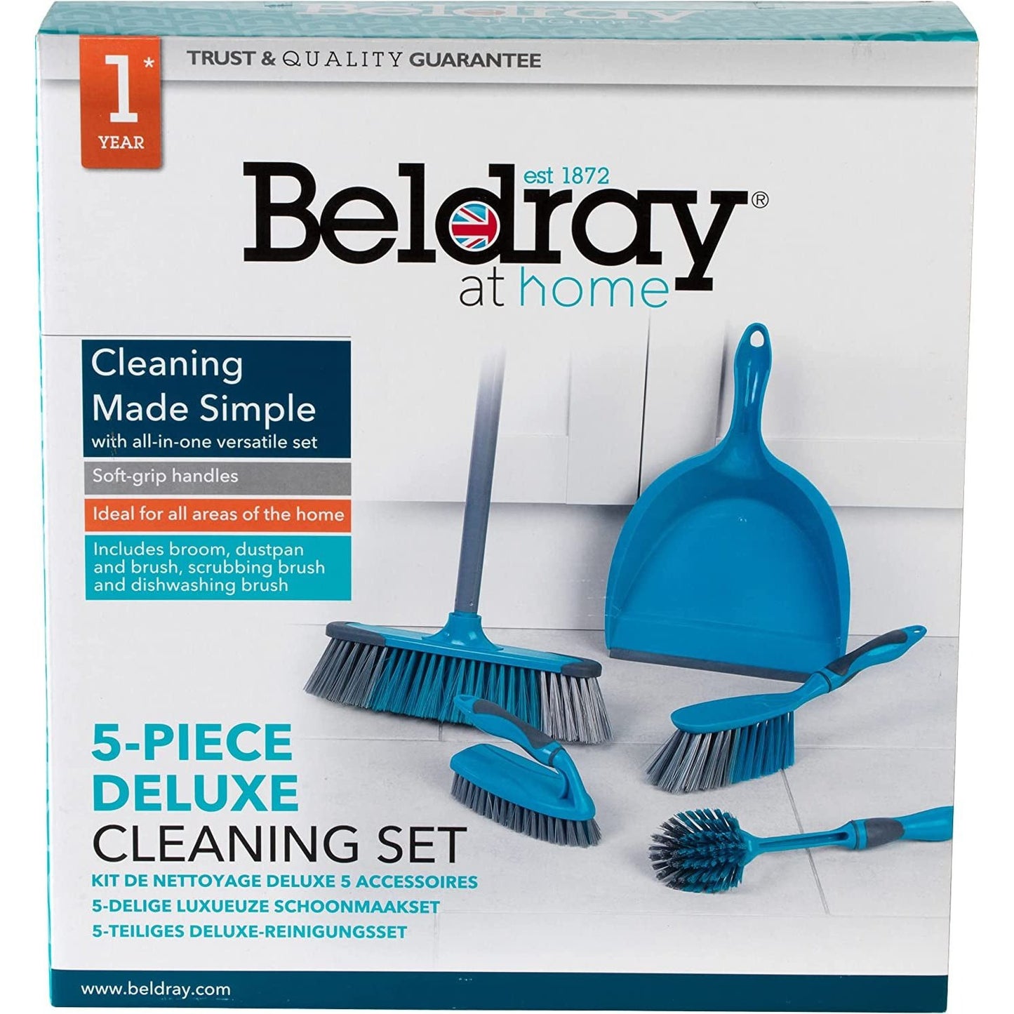 Cleaning Set with Broom 5 Piece , Dustpan and Brush, Scrubbing Brush & Dish Brush, Turquoise Clear Store