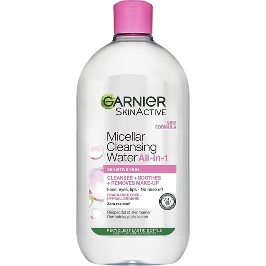 Garnier Micellar Cleansing Water for Sensitive Skin 700Ml, Gentle Face Cleanser & Makeup Remover, Fragrance Free, Recognised by the British Skin Foundation, Use with Reusable Micellar Eco Pads