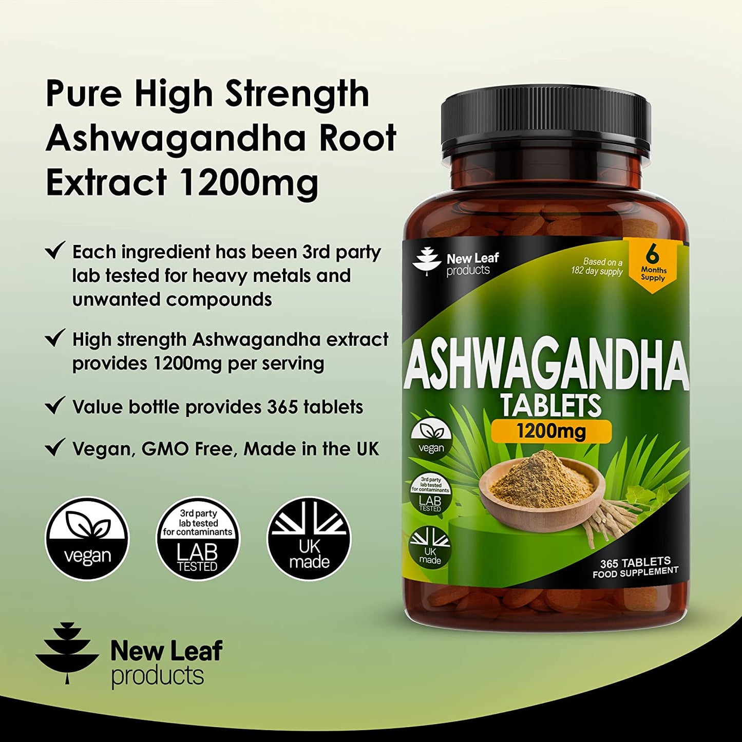 Ashwagandha 1200Mg - 365 Vegan Tablets Pure High Strength Ashwagandha Root Extract - 6 Months Supply - Powder Ashwagandha Supplement (Not Ashwagandha Capsules) - Non-Gmo & Made in the UK