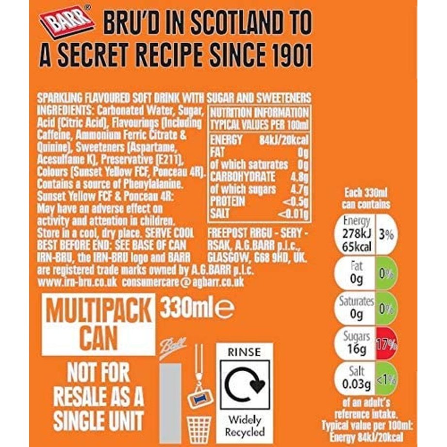 IRN-BRU Regular, Fizzy Drinks Multipack Cans 330ml (Pack of 24) Clear Store