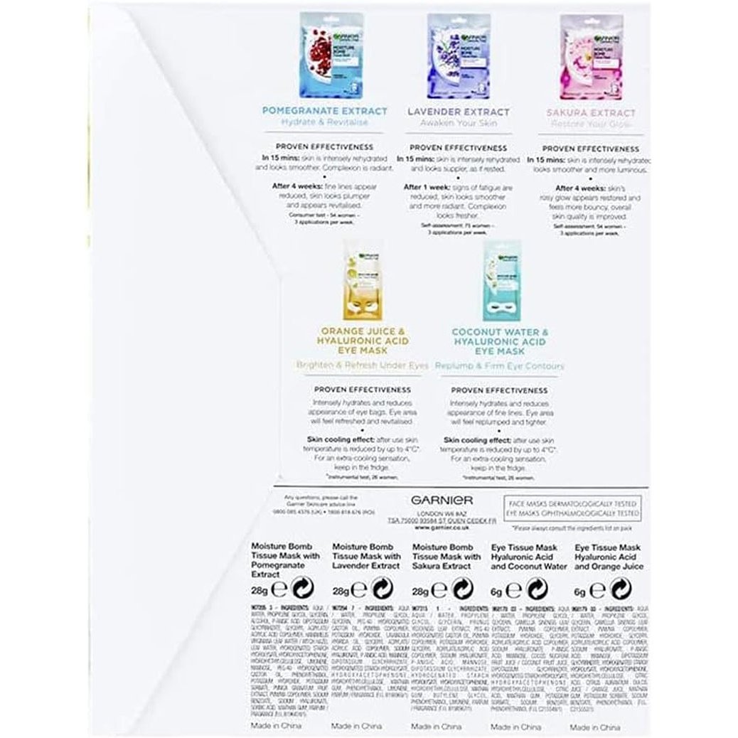 Garnier Sheet Mask Discovery Collection, Face & Eye Sheet Mask set for Dehydrated, Dull and Tired Skin, with Glycerin and Hyaluronic Acid - Pack of 5 Sheet Masks Clear Store