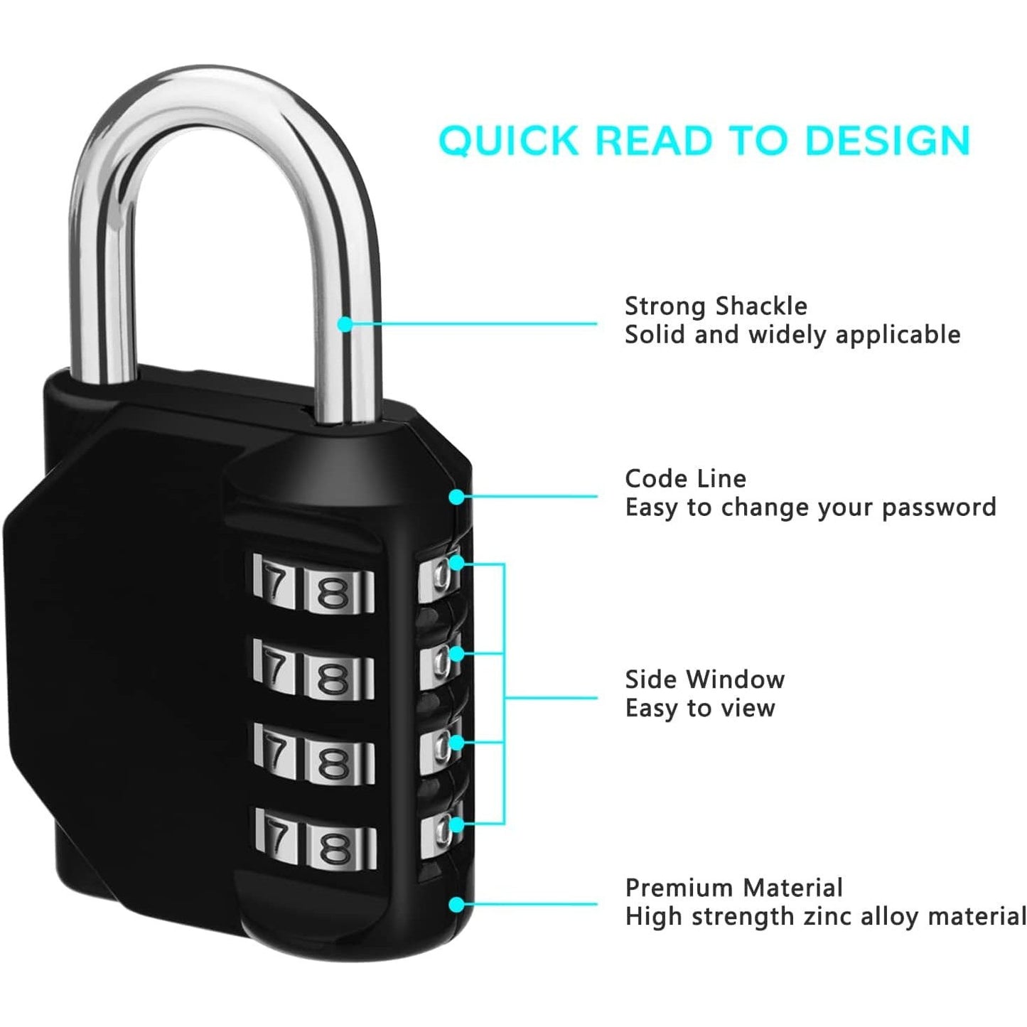 Combination Locker Padlock, 4 Digit Coded Padlock, Black Clear Store