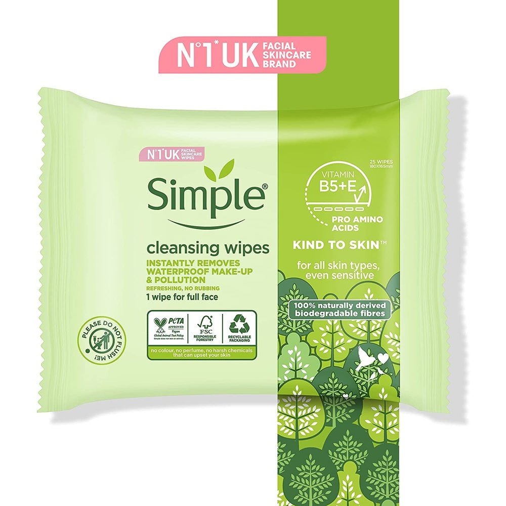 Simple Kind to Skin Cleansing Facial Wipes Pack of 6 Uk'S #1 Facial Skin Care Brand* Face Wipes for Sensitive Skin 25 Pc