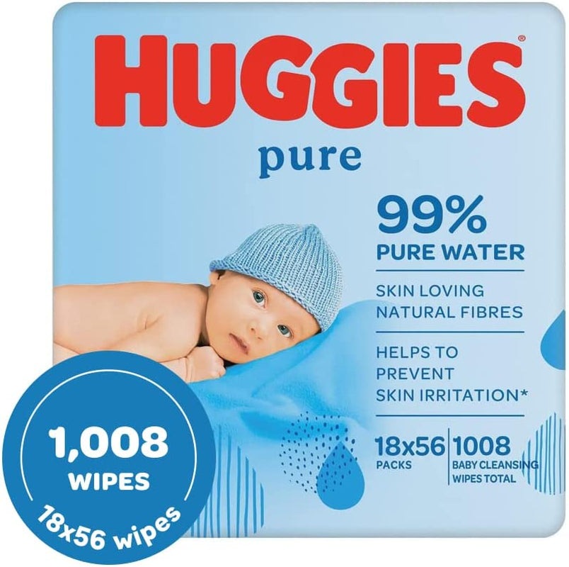 Huggies Pure, Baby Wipes, 18 Packs (1008 Wipes Total) - 99 Percent Pure Water Wipes - Fragrance Free for Gentle Cleaning and Protection - Natural Wet Wipes Clear Store