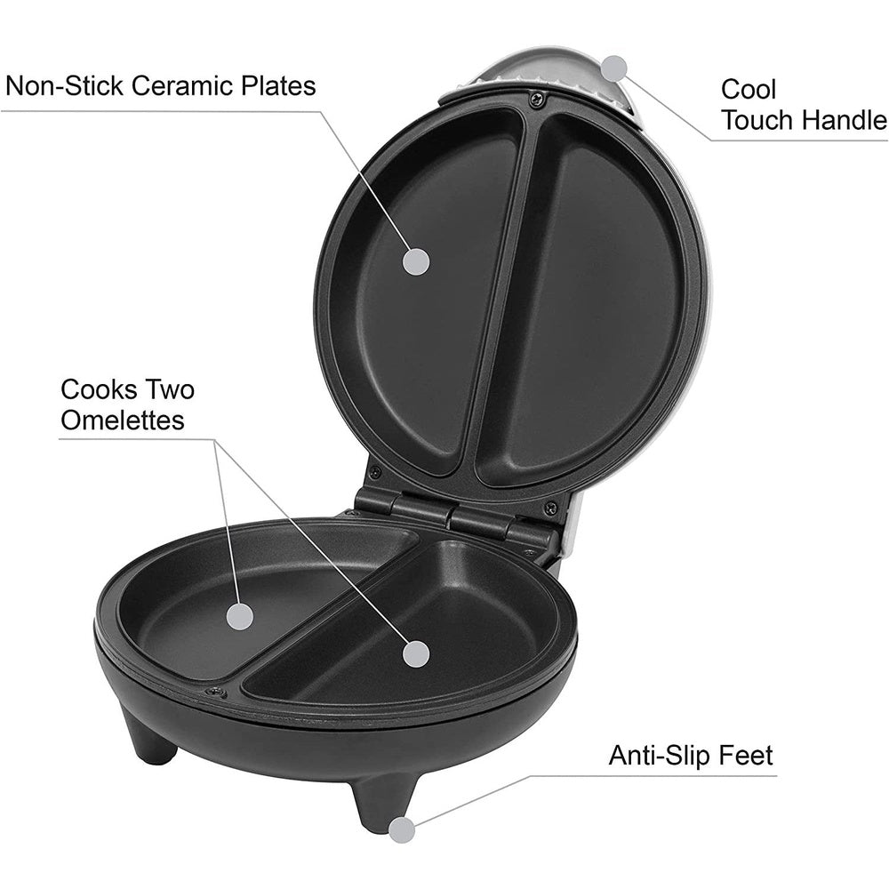 Dual Omelette Maker Electric, Easy Clean Non-Stick Cooking Plate Featuring Ready Indicator Light & Cool Touch Handle Clear Store