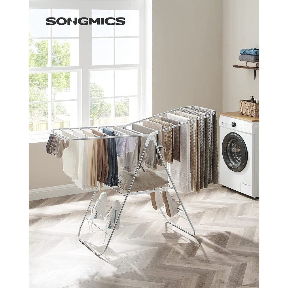 Clothes Airer, Foldable Clothes Drying Rack, Clothes Horse Adjustablee, Stainless Steel, White and Silver Clear Store