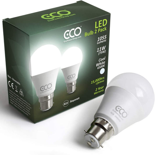 ECO 2 Pin B22 Bayonet Light Bulbs, Energy Saving 11W LED, 1055 Lumens, 75W Equivalent, Frosted, Cool White Daylight (6500K), Low Heat, 15,000Hrs Lifetime. (Cool White (6500K), 2 X Pack) Clear Store