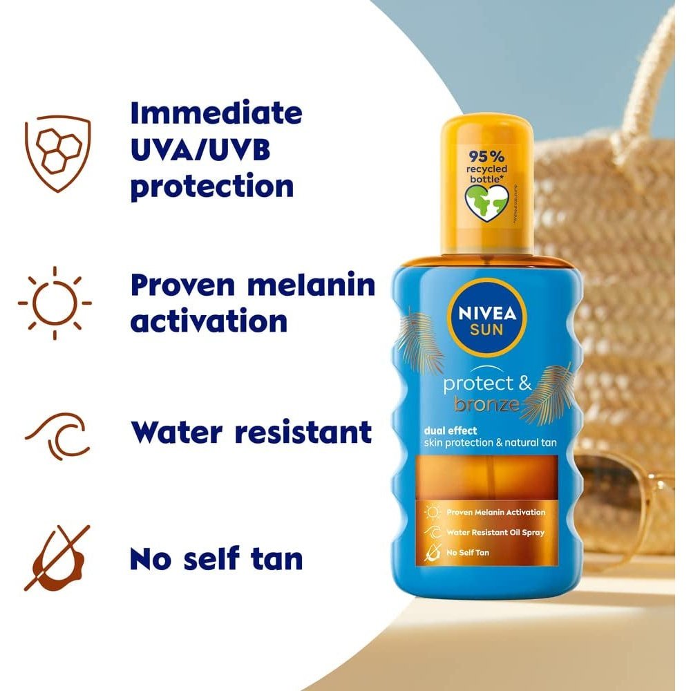 NIVEA SUN Protect & Bronze Oil Spray (200 Ml), SPF 30 Sun Oil with Natural Tan Accelerator Formula, Water-Resistant Sun Spray, Immediate Protection and Non-Greasy