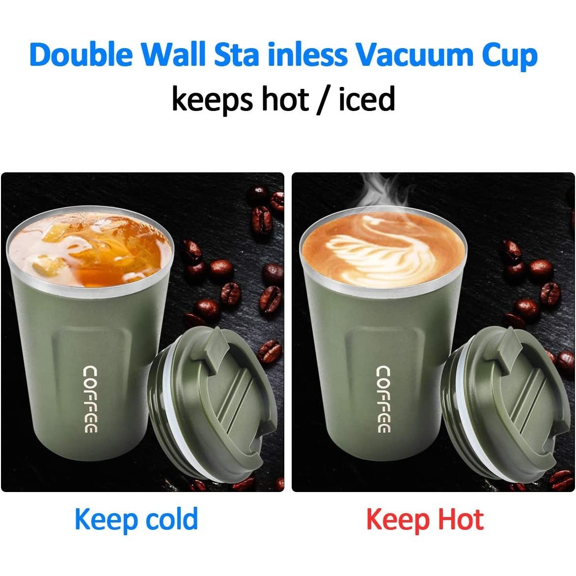 Coffee Cup, Vacuum Reusable Leakproof Double Wall Coffee Cup, Insulation Stainless, Green Clear Store