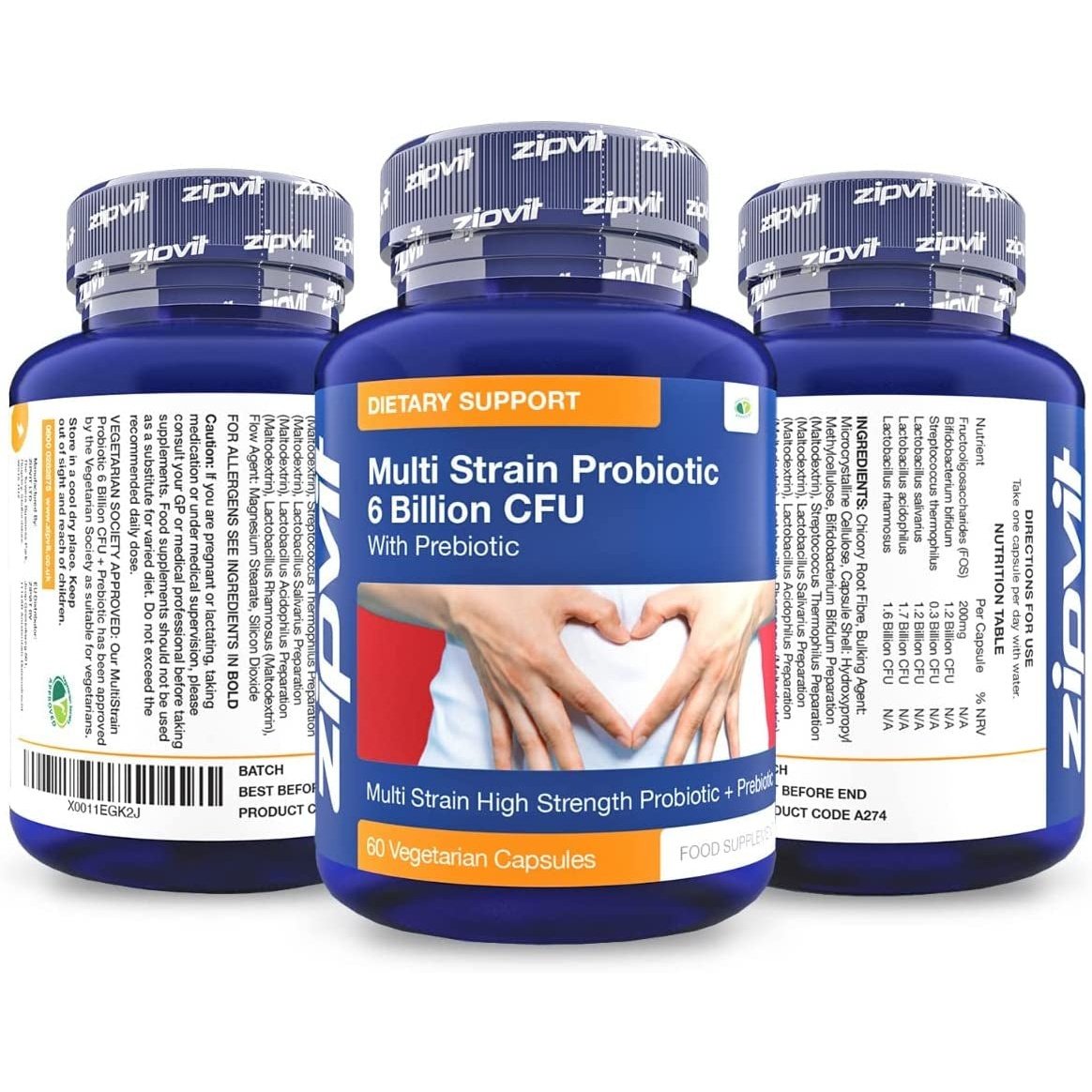 Probiotic 6 Billion Multi-Strain Live Bio Cultures Complex with Prebiotic, 60 Vegetarian Capsules. 100 Billion CFU Source Powder.