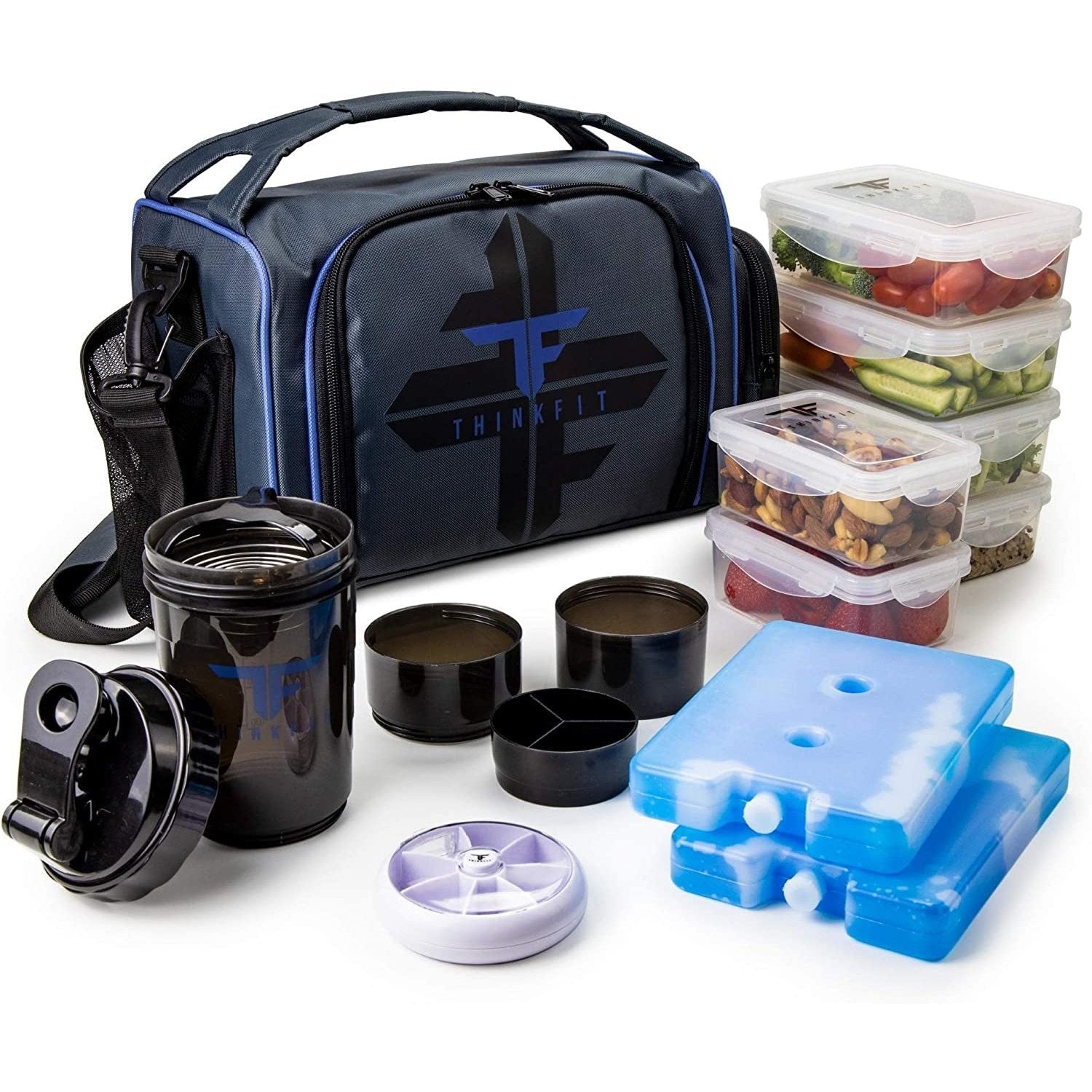 Insulated Meal Prep Lunch Bag | 6 Portion Control Containers | Bpa-Free | Reusable | Microwavable | Freezer Safe | Protein Shaker Bottle | Pill Box | Shoulder Strap & Storage Pocket | Blue