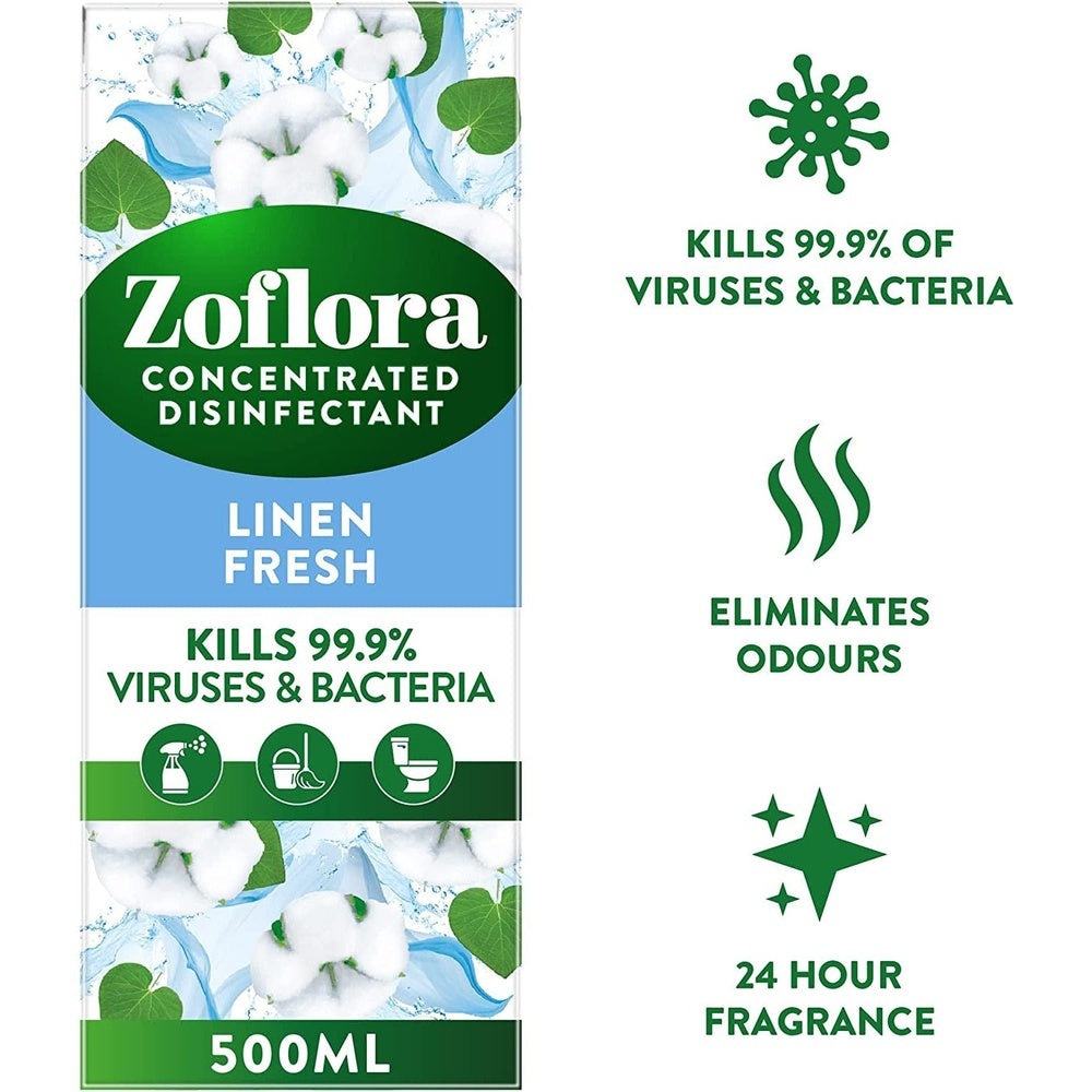 Concentrated 3-In-1 Multipurpose Disinfectant  Zoflora Linen Fresh 500ml, Kills 99.9% of Bacteria & Viruses Clear Store