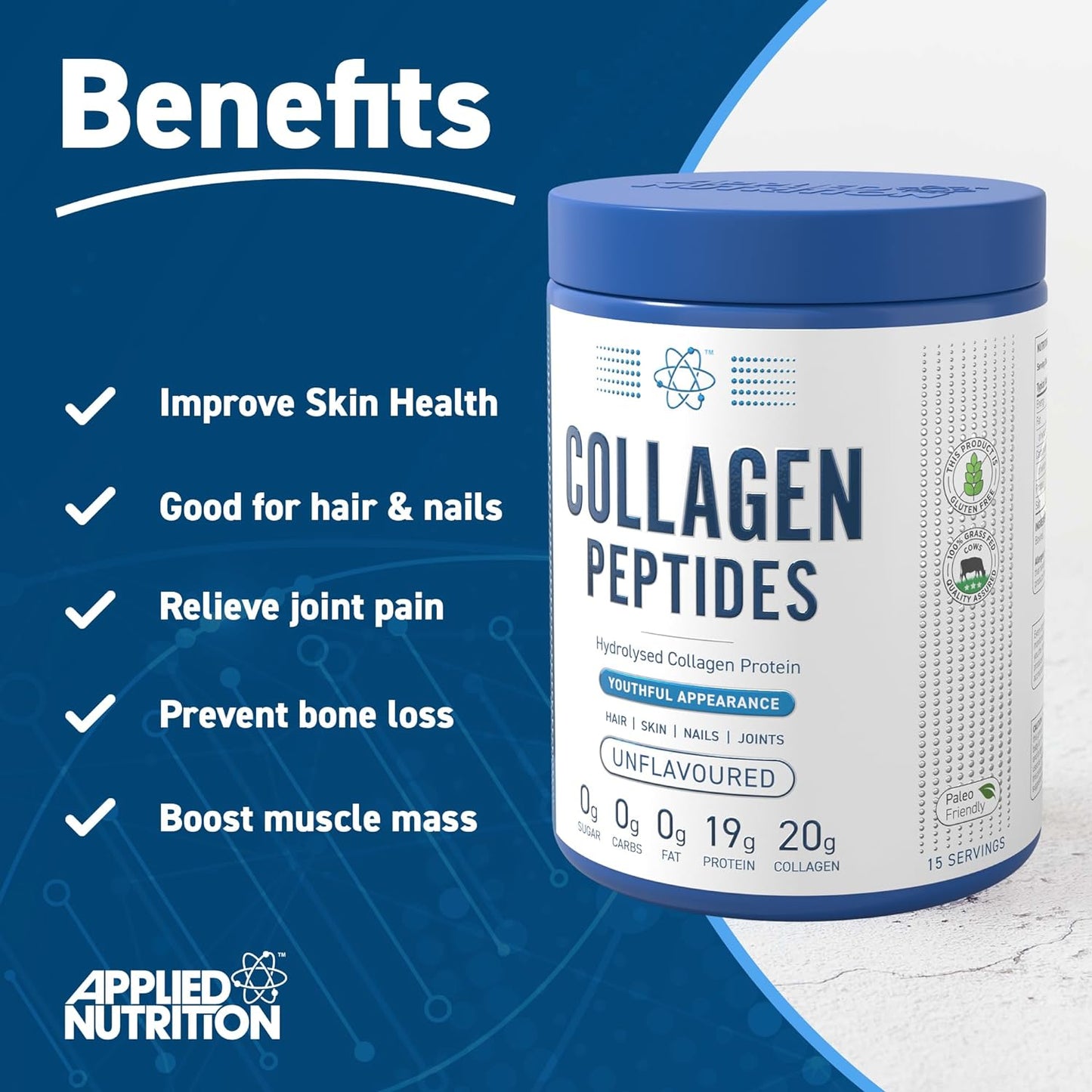 Collagen Peptides Powder - Hydrolysed Bovine Collagen Protein, Halal, Healthy Skin, Hair, Nails (Unflavoured) (300G - 15 Servings)