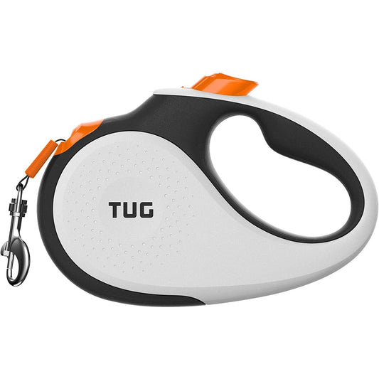 TUG 360° Tangle-Free Retractable Dog Lead for up to 25 Kg Dogs | 5 M Strong Nylon Tape/Ribbon | One-Handed Brake, Pause, Lock (Medium, White/Orange)