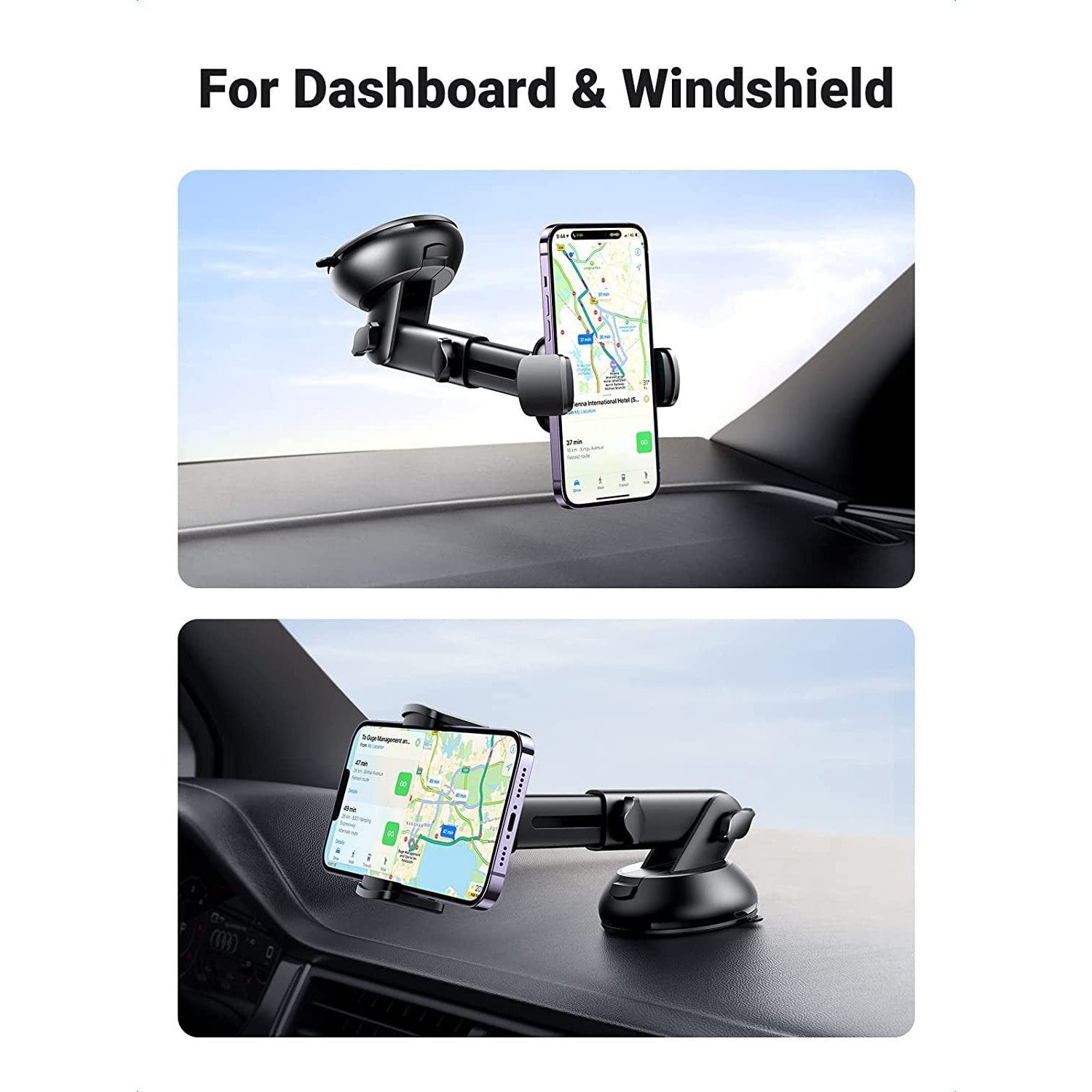 UGREEN Car Phone Holder Windscreen Mount Dashboard Phone Automobile Cradles Superior Suction Cup 360°Adjustable Long Arm Compatible with Iphone 14 Pro Max 13 12 11 SE, Galaxy S23 S22 Ultra (Black)