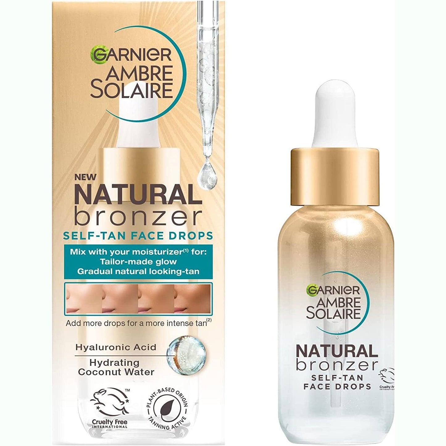 Ambre Solaire Natural Bronzer, Self Tan Drops for Face, Hyaluronic Acid & Coconut Water, Tailor Made Glow, Gradual & Natural Fake Tan, Approved by Cruelty Free International, Vegan, 30Ml