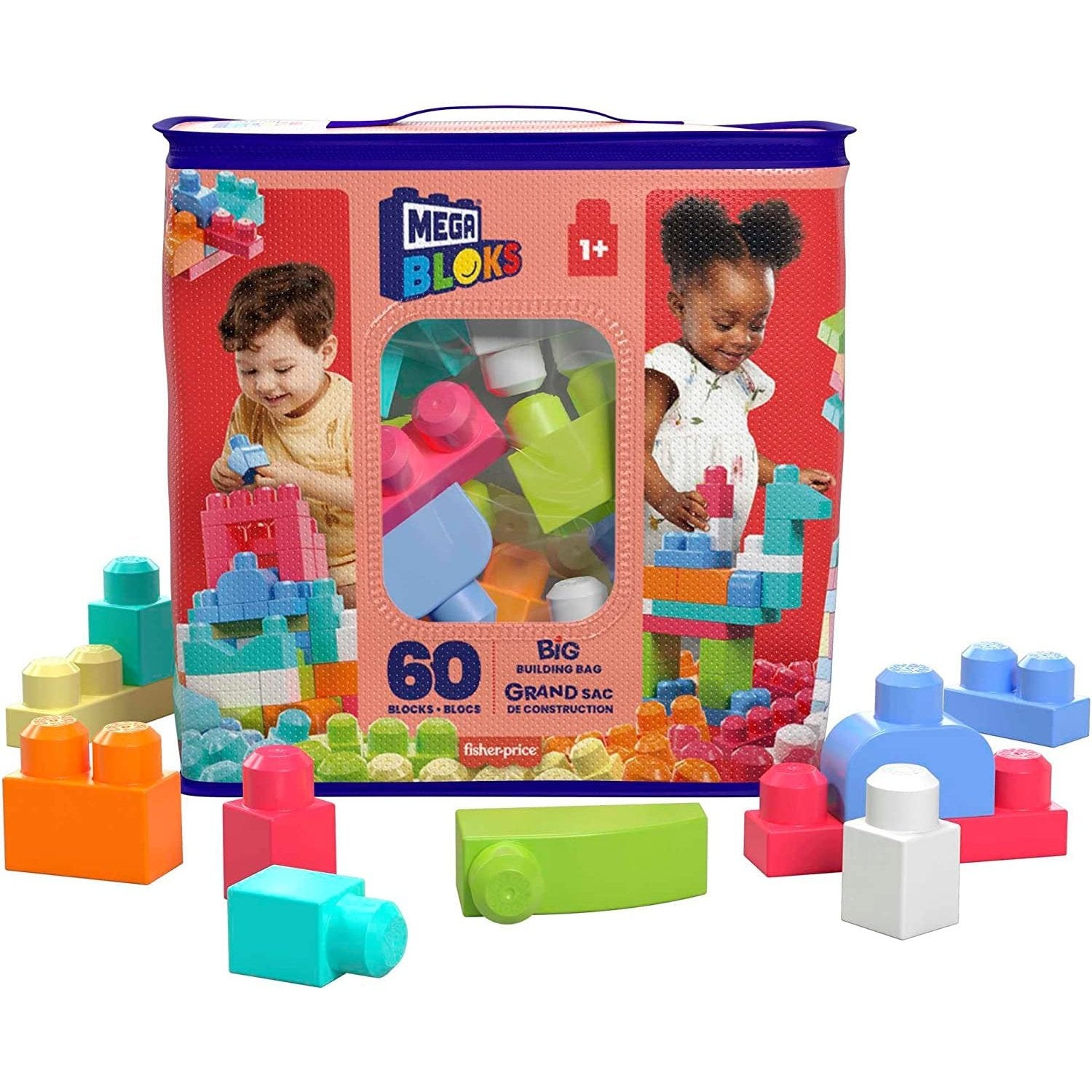 MEGA BLOKS Big Building Bag Building Set with 60 Big and Colorful Building Blocks, and 1 Storage Bag, Toy Gift Set for Ages 1 and Up, DCH54