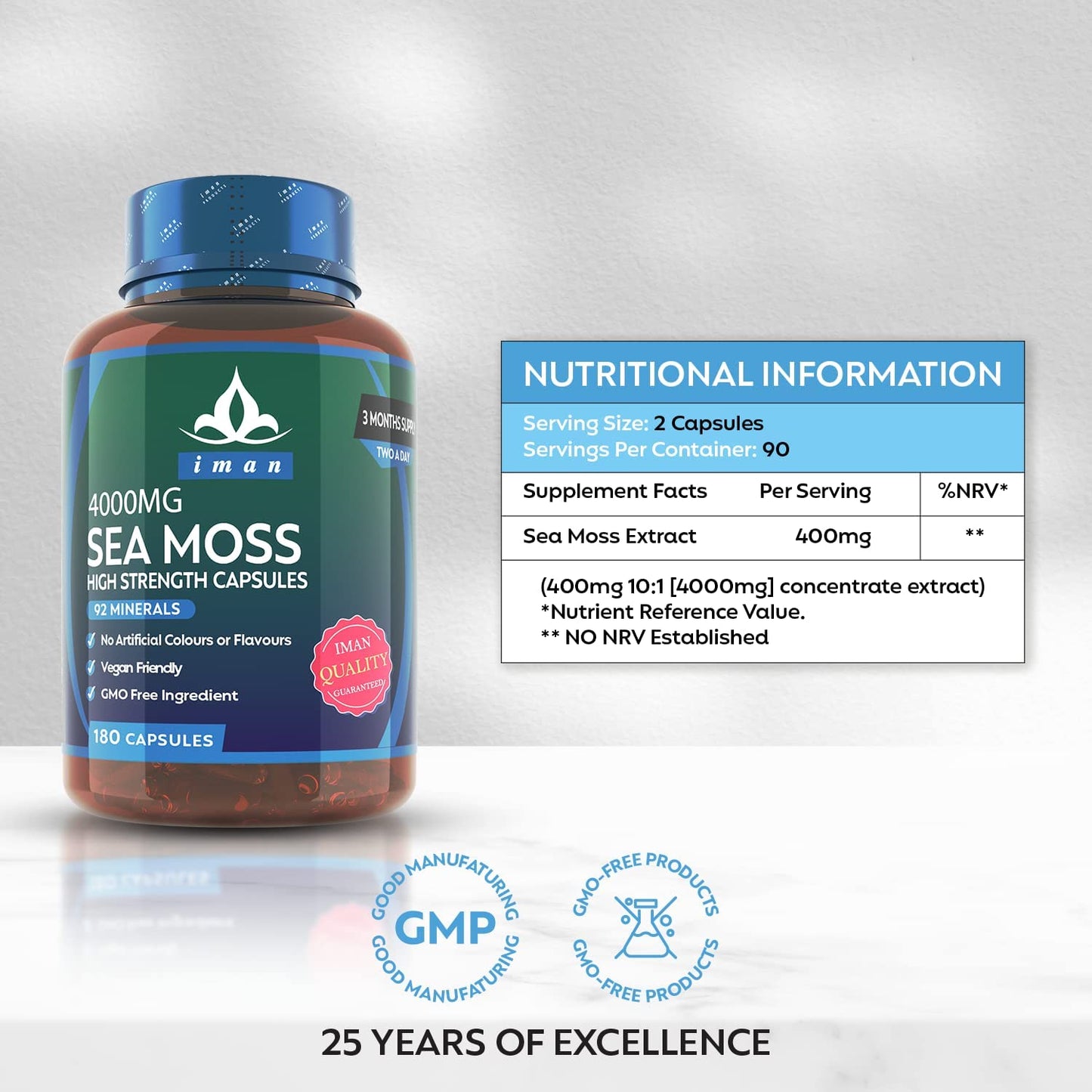 High Strength Sea Moss 4000Mg Capsules (180 Count) - Natural Source of Iodine - Wild Harvested - Vegan Friendly (3 Months Supply) - GMO Free, Gluten-Free, Made in the UK