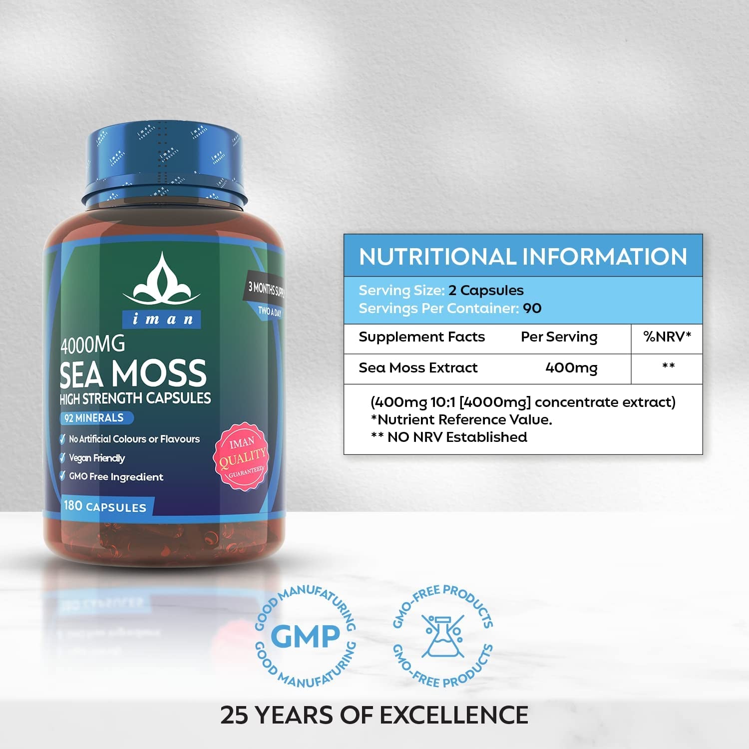 High Strength Sea Moss 4000Mg Capsules (180 Count) - Natural Source of Iodine - Wild Harvested - Vegan Friendly (3 Months Supply) - GMO Free, Gluten-Free, Made in the UK