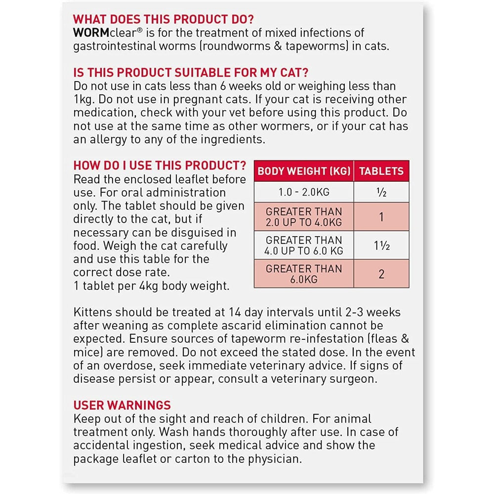 Roundworms & Tapeworms For Cats, Vet Strength Treatment, Meat-Flavoured 2 Tablets Clear Store