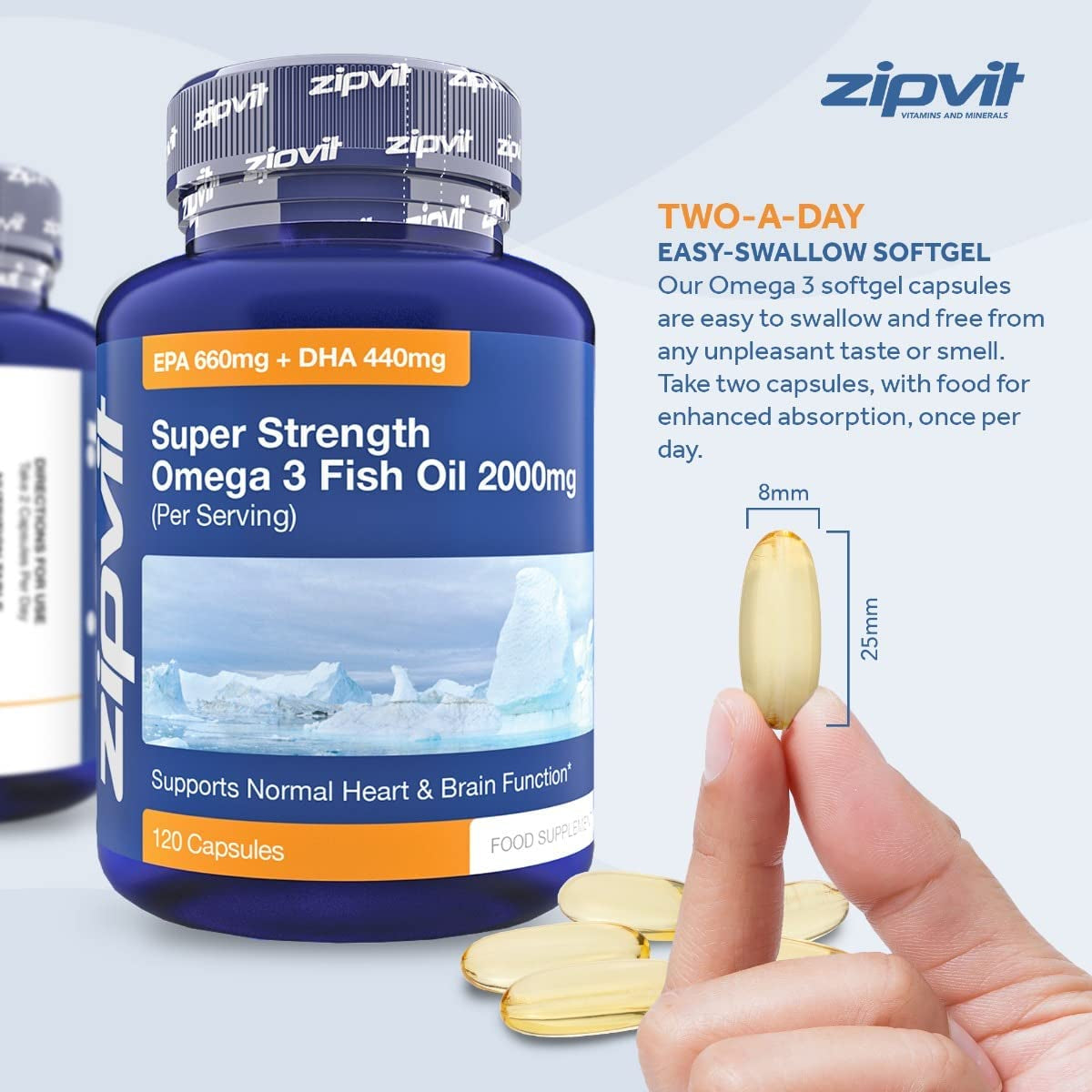 Omega 3 Fish Oil 2000Mg, EPA 660Mg DHA 440Mg per Daily Serving. 120 Capsules (2 Months Supply). Supports Heart, Brain Function and Eye Health. 2 Capsules per Serving