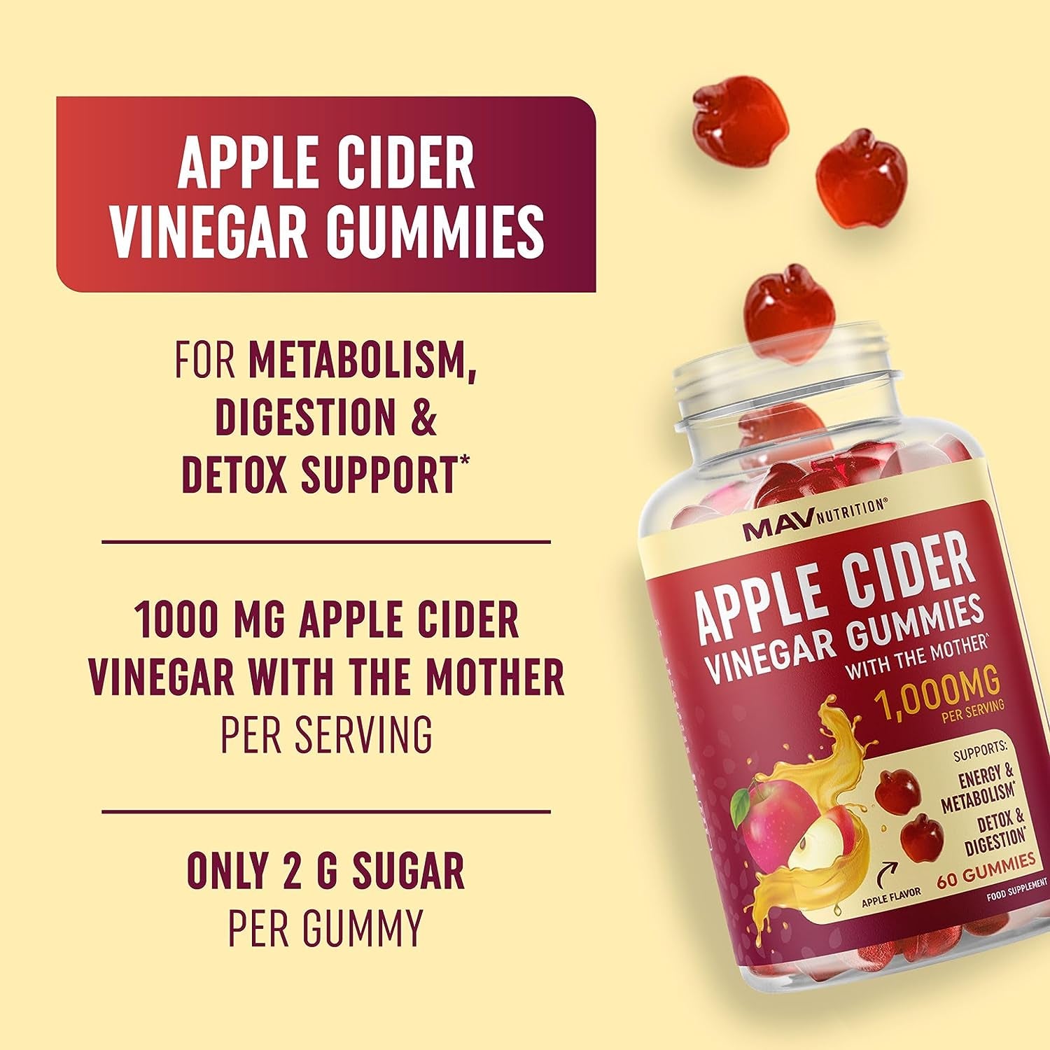 Apple Cider Vinegar Gummies (60 Ct.) | Digestion, Detox, Immunity & Diet Support with ACV | with the Mother, Vitamin B6, B12 & Folate | Vegan, 500MG