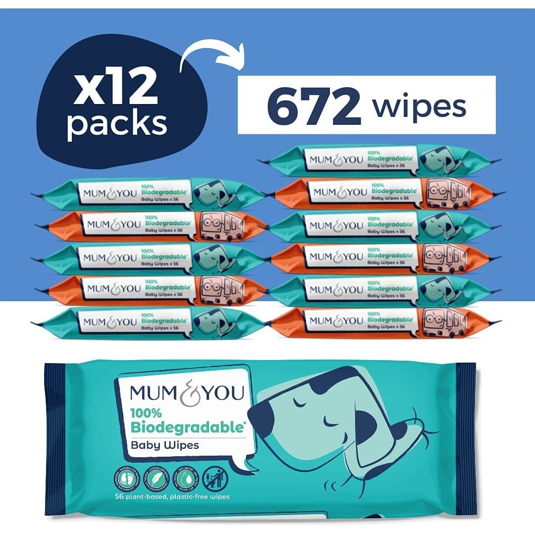 Mum & You Biodegradable Baby Wipes Multipack, 672 Wet Wipes (12 Packs), Plastic Free and Eco Friendly Wipes | Recyclable Packaging | Suitable for Newborn Sensitive Skin | 99.4% Water Based Wipes