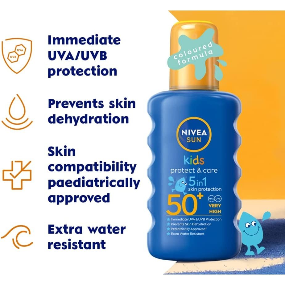 NIVEA SUN Kids Protect & Care Coloured Spray SPF 50+ (200 Ml) Sunscreen Spray with SPF 50 Suncream for Kids’ Delicate Skin, Immediately Protects against Sun Exposure