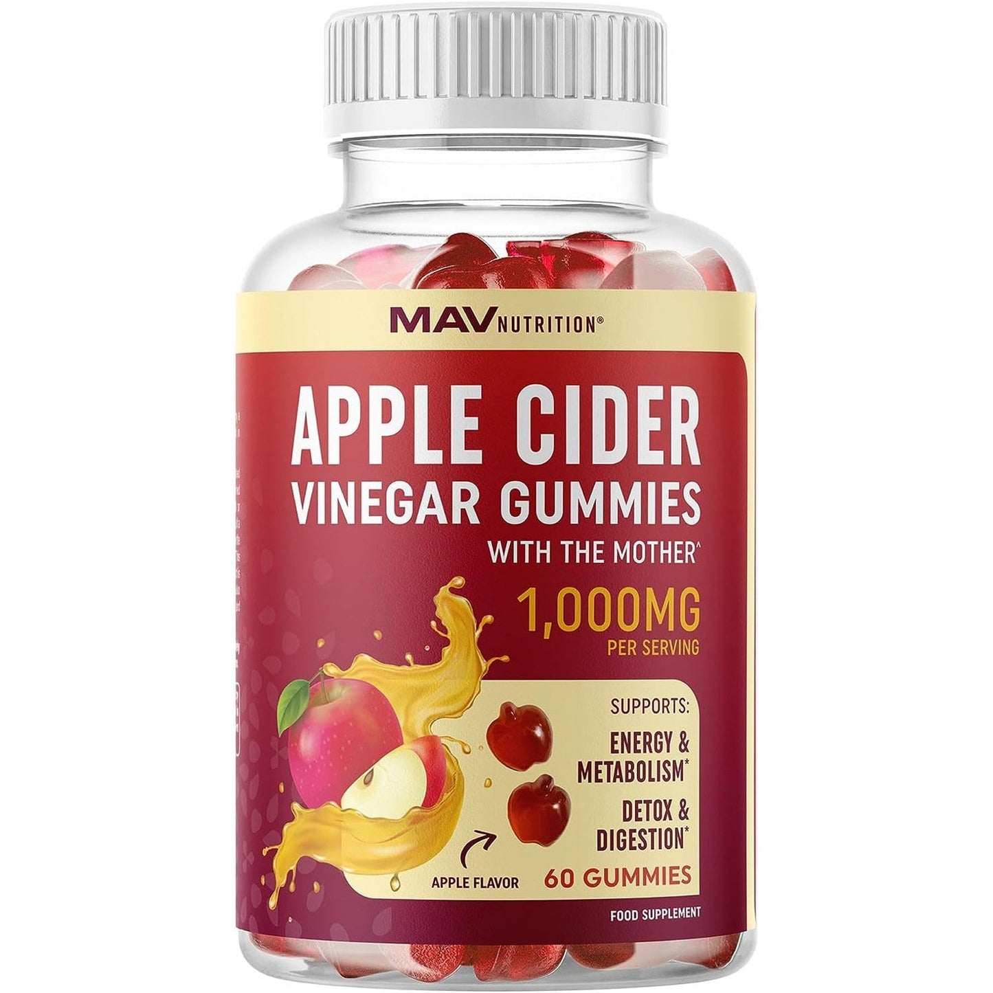 Apple Cider Vinegar Gummies (60 Ct.) | Digestion, Detox, Immunity & Diet Support with ACV | with the Mother, Vitamin B6, B12 & Folate | Vegan, 500MG