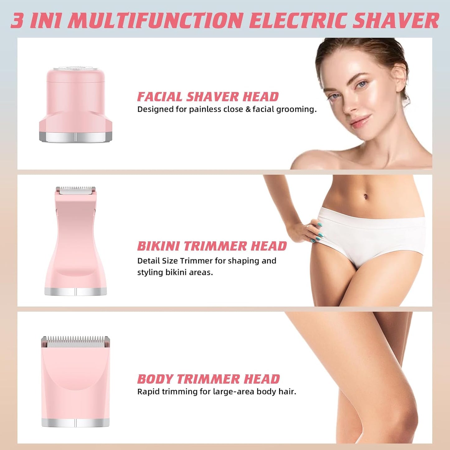 3 in 1 Bikini Trimmer Lady Shavers for Women, Painless Facial Hair Remover, Electric Face Shaver Pubic Hair Trimmer, Ladies Razor for Body, Leg, Private Area, IPX7 Waterproof & Rechargeable