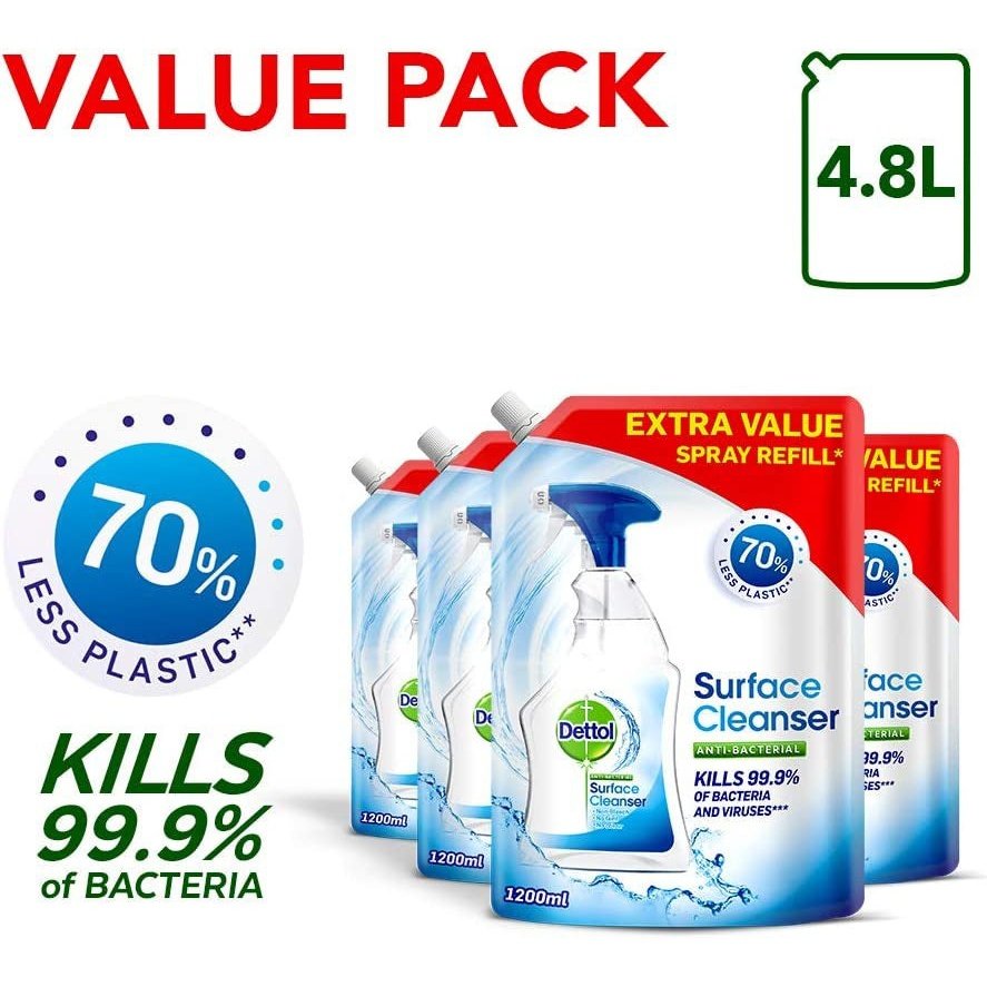 Refill Antibacterial All Purpose Surface Disinfectent Cleaning Spray, 1.2 Litre, Multipack of 4 (Packagaing May Vary) Clear Store