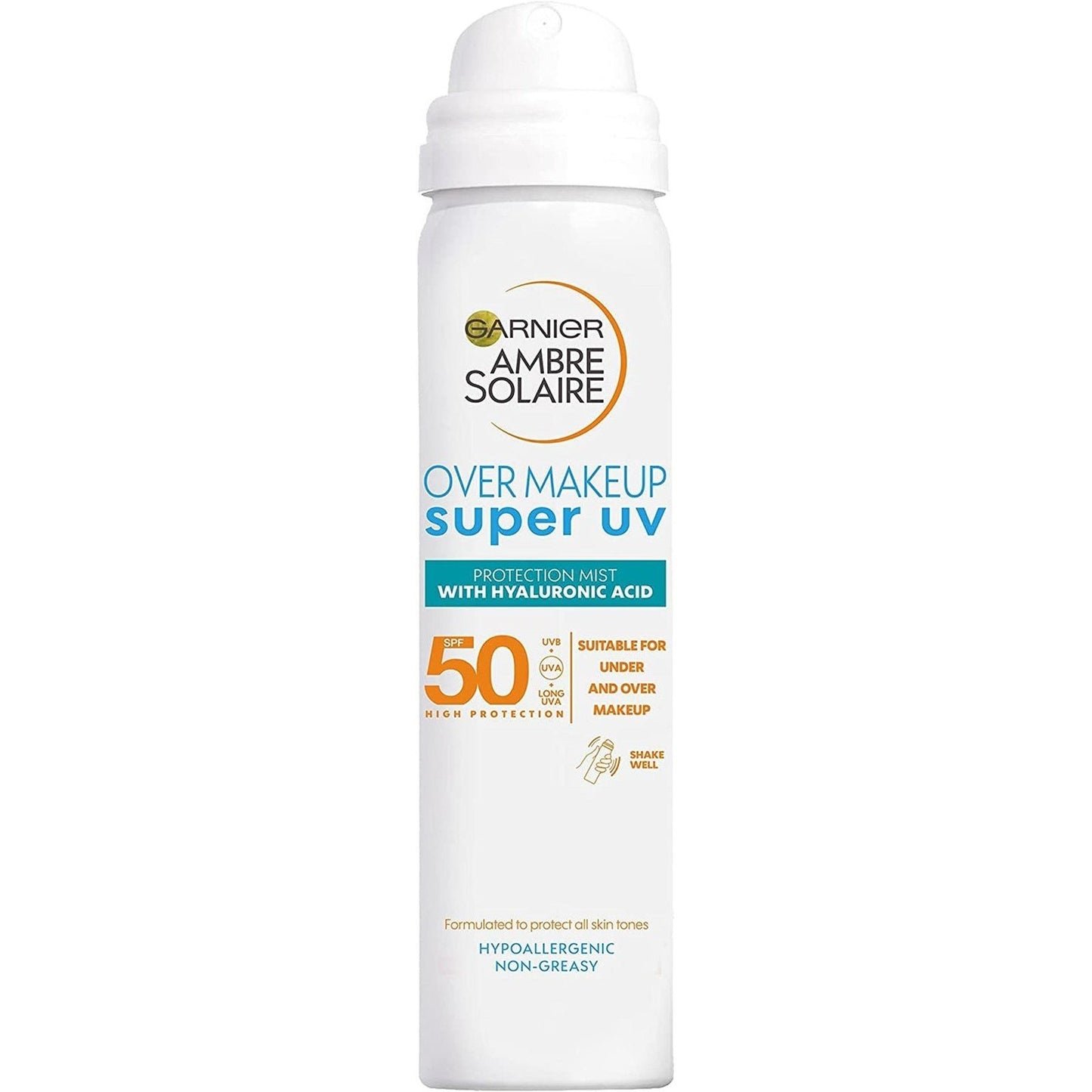 Ambre Solaire SPF 50 Super UV over Makeup Mist for Face, High Protection against UVA & UVB, Hyaluronic Acid, Light Texture Non Greasy Spray, Invisible Finish, Protects & Hydrates Skin, 75Ml