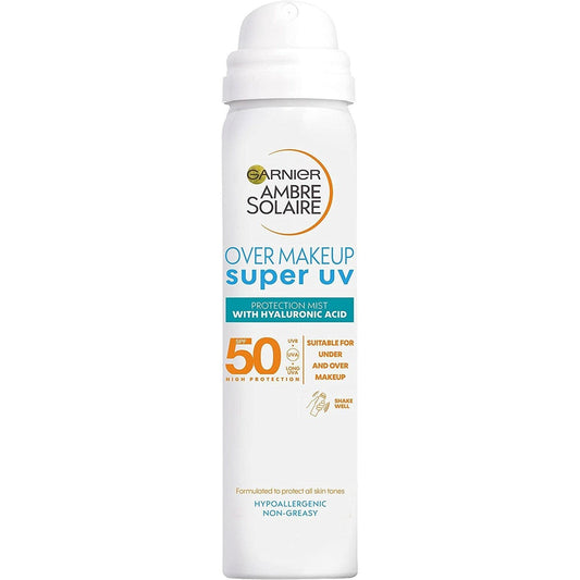 Ambre Solaire SPF 50 Super UV over Makeup Mist for Face, High Protection against UVA & UVB, Hyaluronic Acid, Light Texture Non Greasy Spray, Invisible Finish, Protects & Hydrates Skin, 75Ml