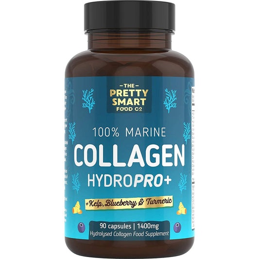 Powerful Marine Collagen Tablets - with Hyaluronic Acid, Biotin & Blueberry - 1400MG Complex - Hydrolysed Type 1 - with Vitamins & Minerals - 90 Capsules - Made in the UK by the Pretty Smart Food Co