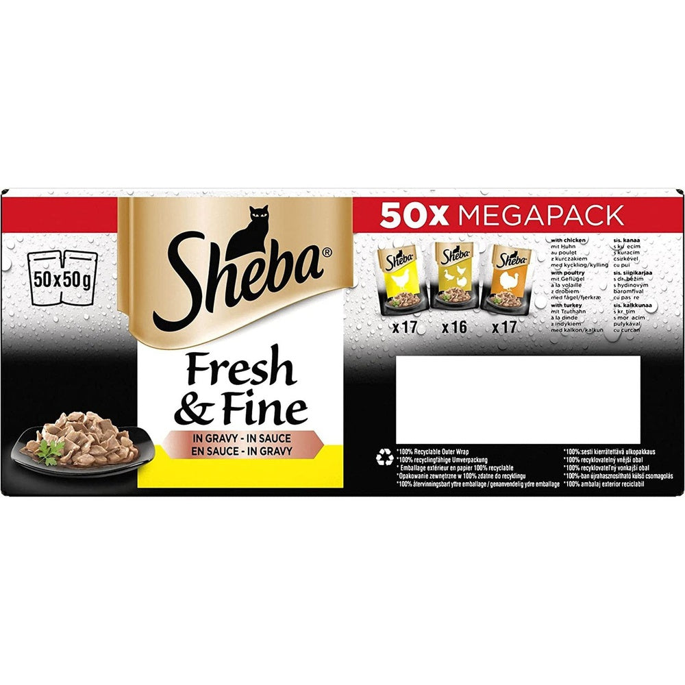 Sheba Cat Food Fresh & Fine, Cat Pouches Poultry in Gravy 50 x 50g Clear Store