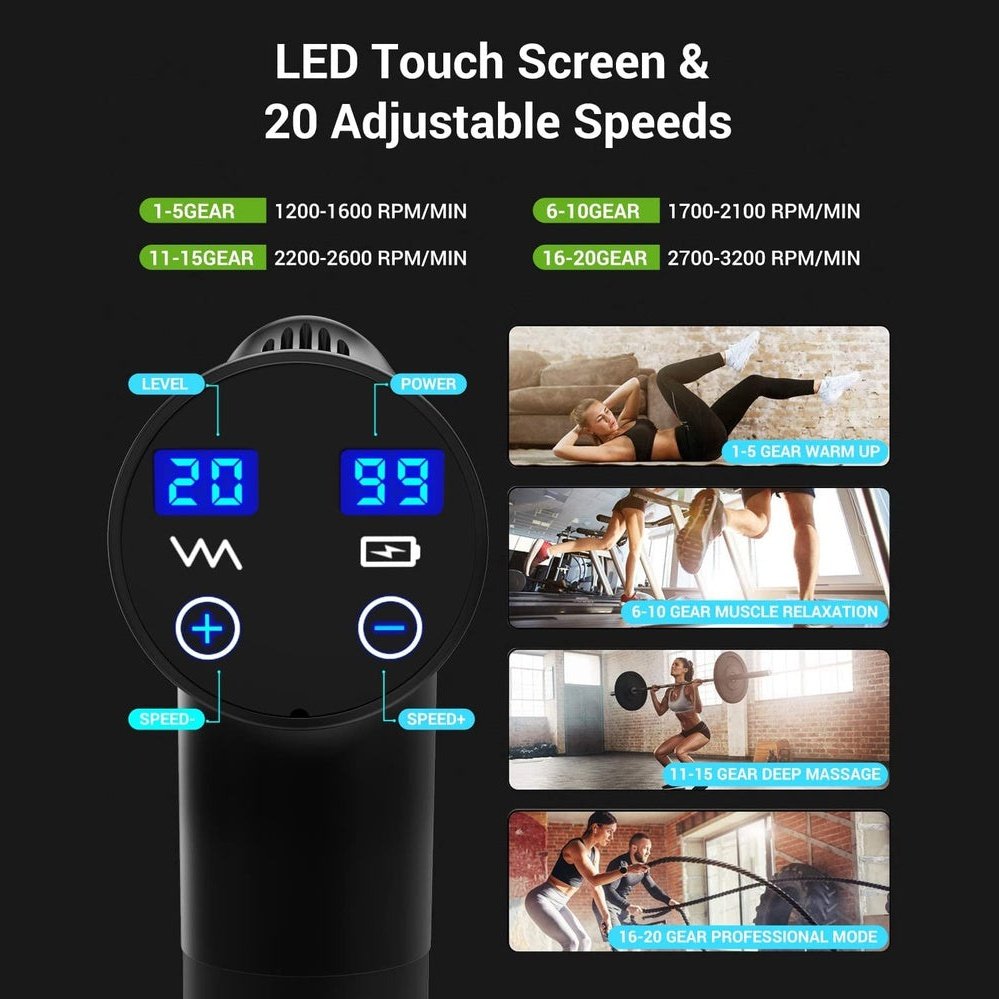 Massage Gun, Deep Tissue, Pain Relief Fitness Recovery Body Shaping with 20 Speed LCD Display Clear Store