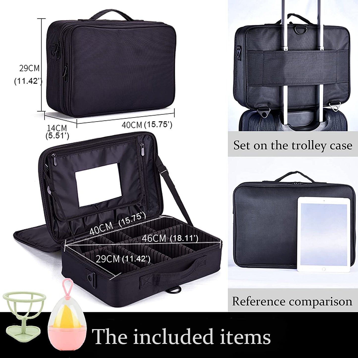 Large Makeup Train Case with Mirror 3 Layers Makeup Bag Professional Travel Cosmetic Bag with a Beauty Egg Removable Dividers Shoulder and Strap 40 X 29 X 14 Clear Store