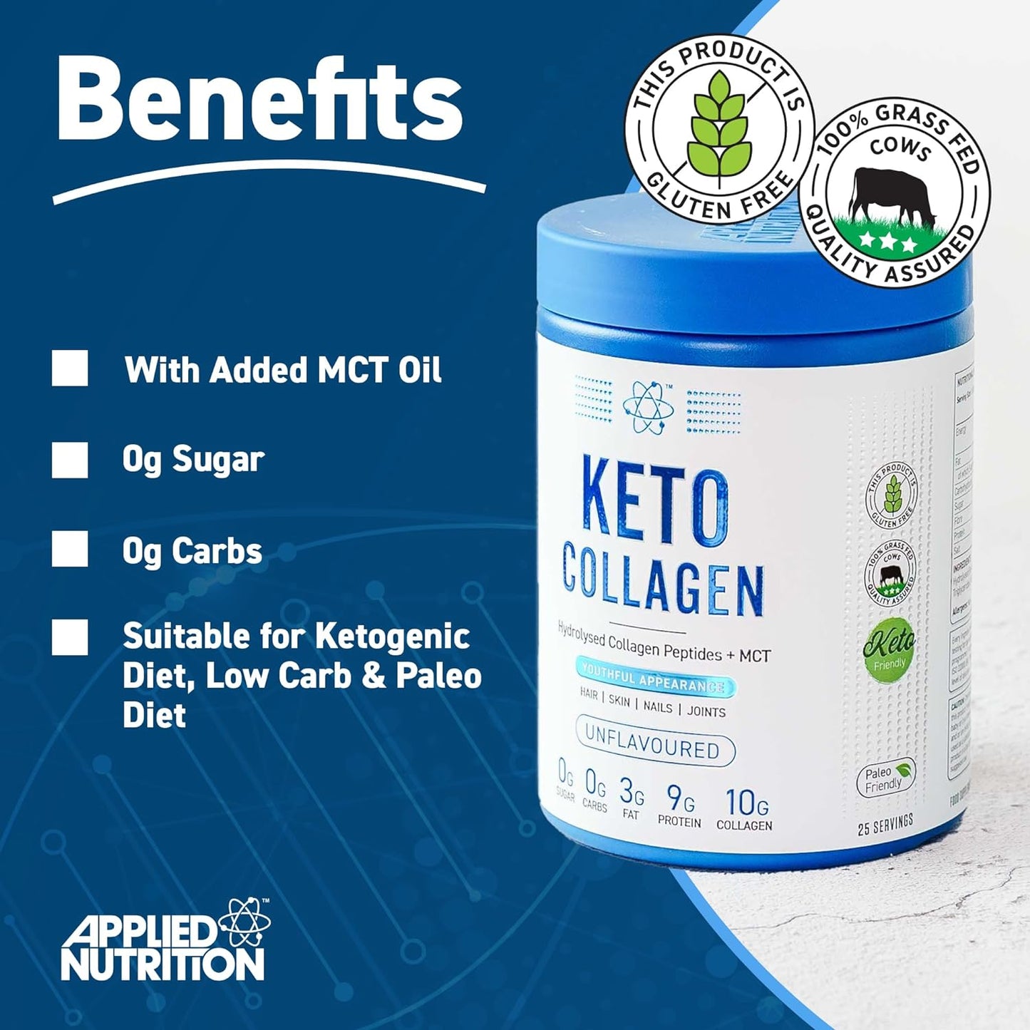 Keto Collagen Protein - Keto Protein Powder with MCT, Ketogenic & Paleo Diet, Zero Sugar & Carbs, Healthy Skin, Hair, Nails (Unflavoured) (325G - 25 Servings)