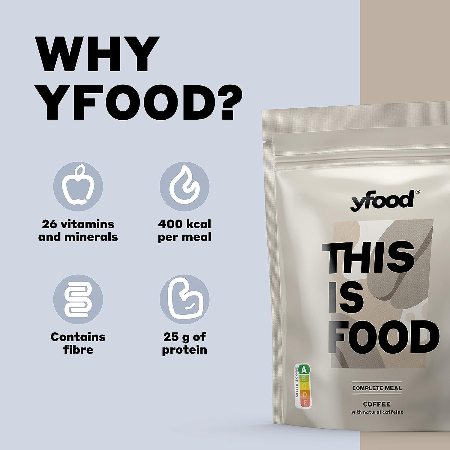 Yfood Powder Coffee, Protein Meal Replacement, THIS IS FOOD Powder, 25G of Protein, 17 Meals, 26 Vitamins & Minerals, 1,5Kg Pack