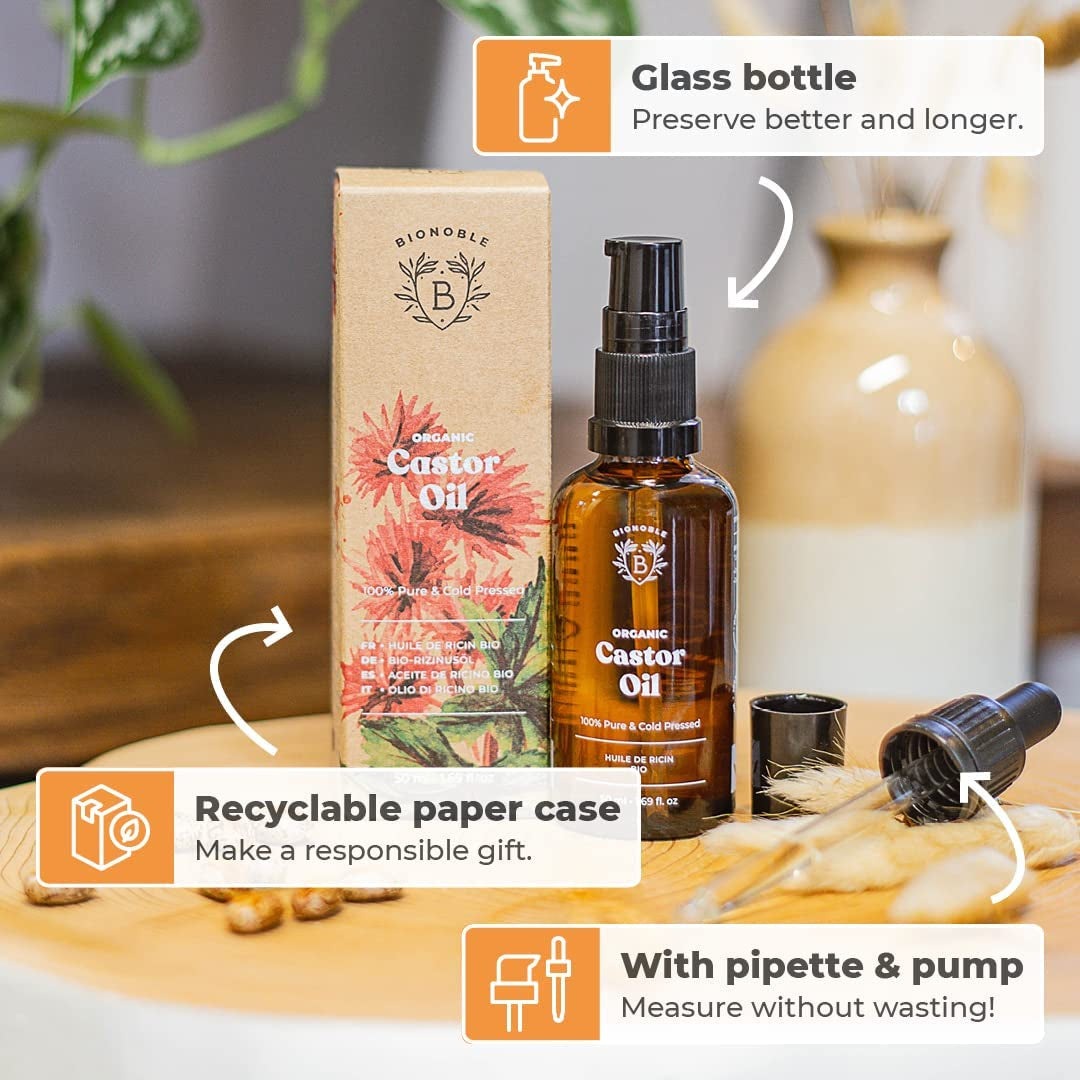 Organic Castor Oil 50Ml - 100% Pure, Natural and Cold Pressed - Lashes, Eyebrows, Body, Hair, Beard, Nails - Vegan and Cruelty Free - Glass Bottle + Pipette + Pump