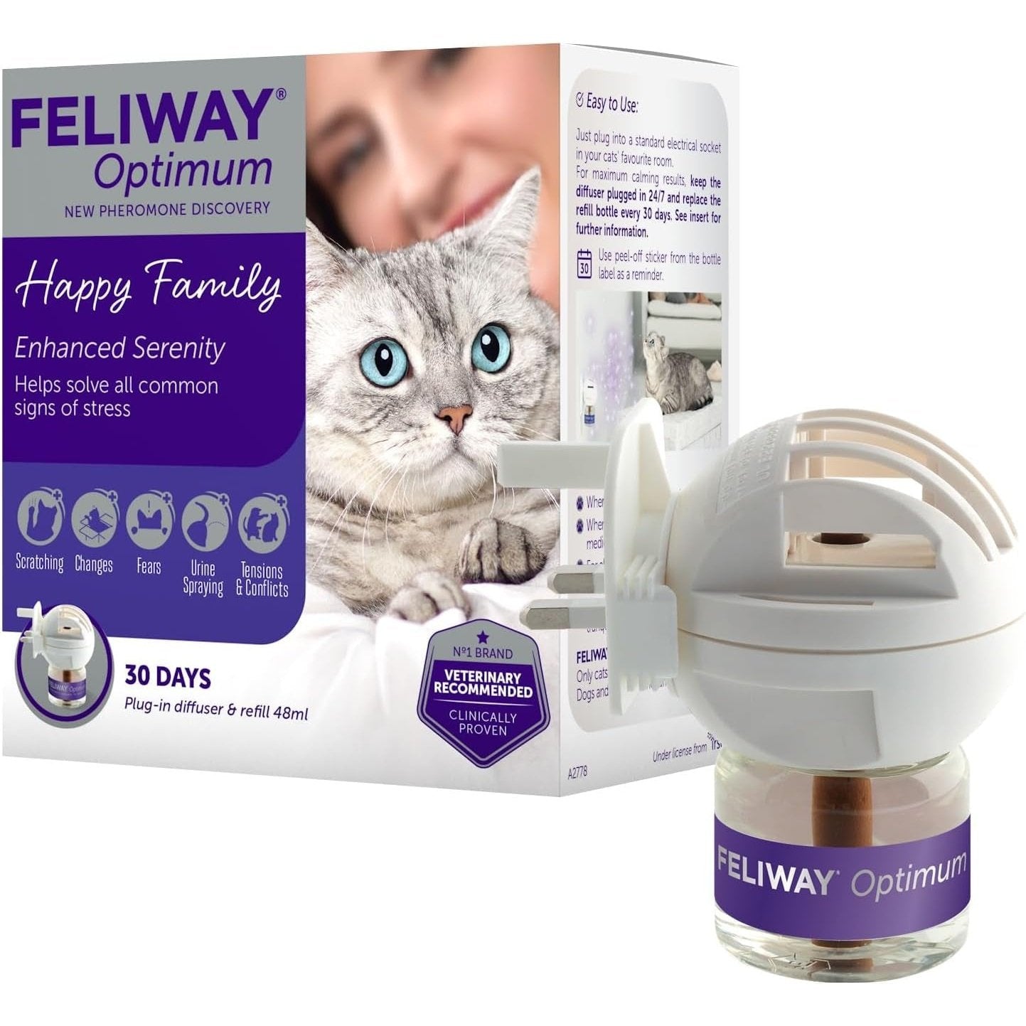 Optimum Diffuser & 30 Day Refill, the Best Solution to Ease Cat Anxiety, Cat Conflict and Stress in the Home, 48 Ml (Pack of 1)