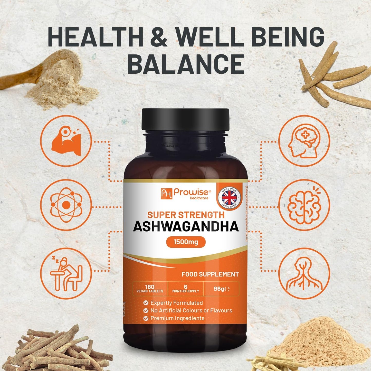 Ashwagandha 1500Mg 180 Vegan Tablets | 6 Months’ Supply | Pure High Strength Ashwagandha Root Extract | Ashwagandha Supplement | Made in UK by Prowise Healthcare