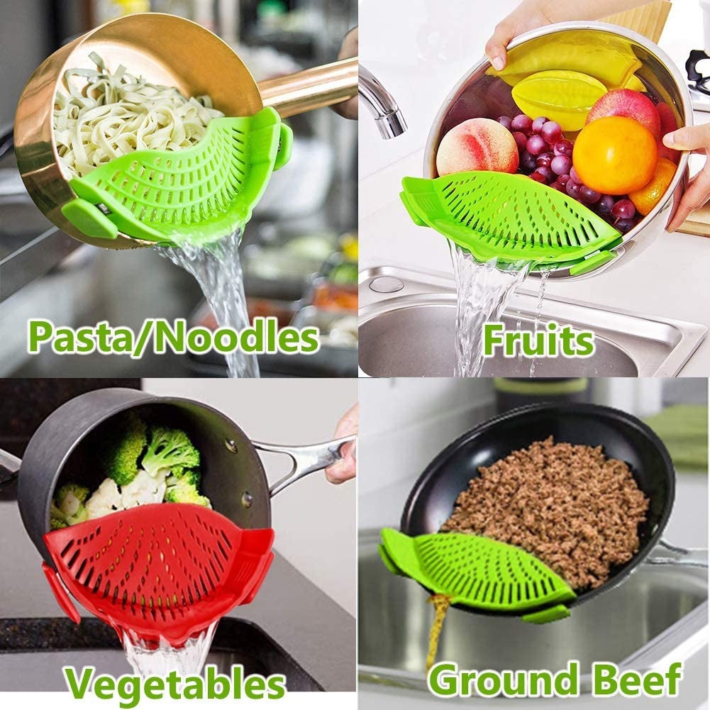 Snap Strainer, 2 PACK Silicone Food Strainers Heat Resistant Clip on Strain Strainer Rice Colander Kitchen Gadgets Drainer Hands- for Pasta, Spaghetti, Ground Beef, Universal Fit All Pots Bowls